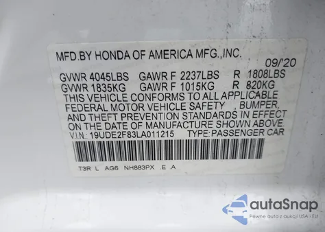 2020 Acura Ilx Premium A-Spec Packages/Technology A-Spec Packages from USA, damaged, VIN 19UDE2F83LA011215